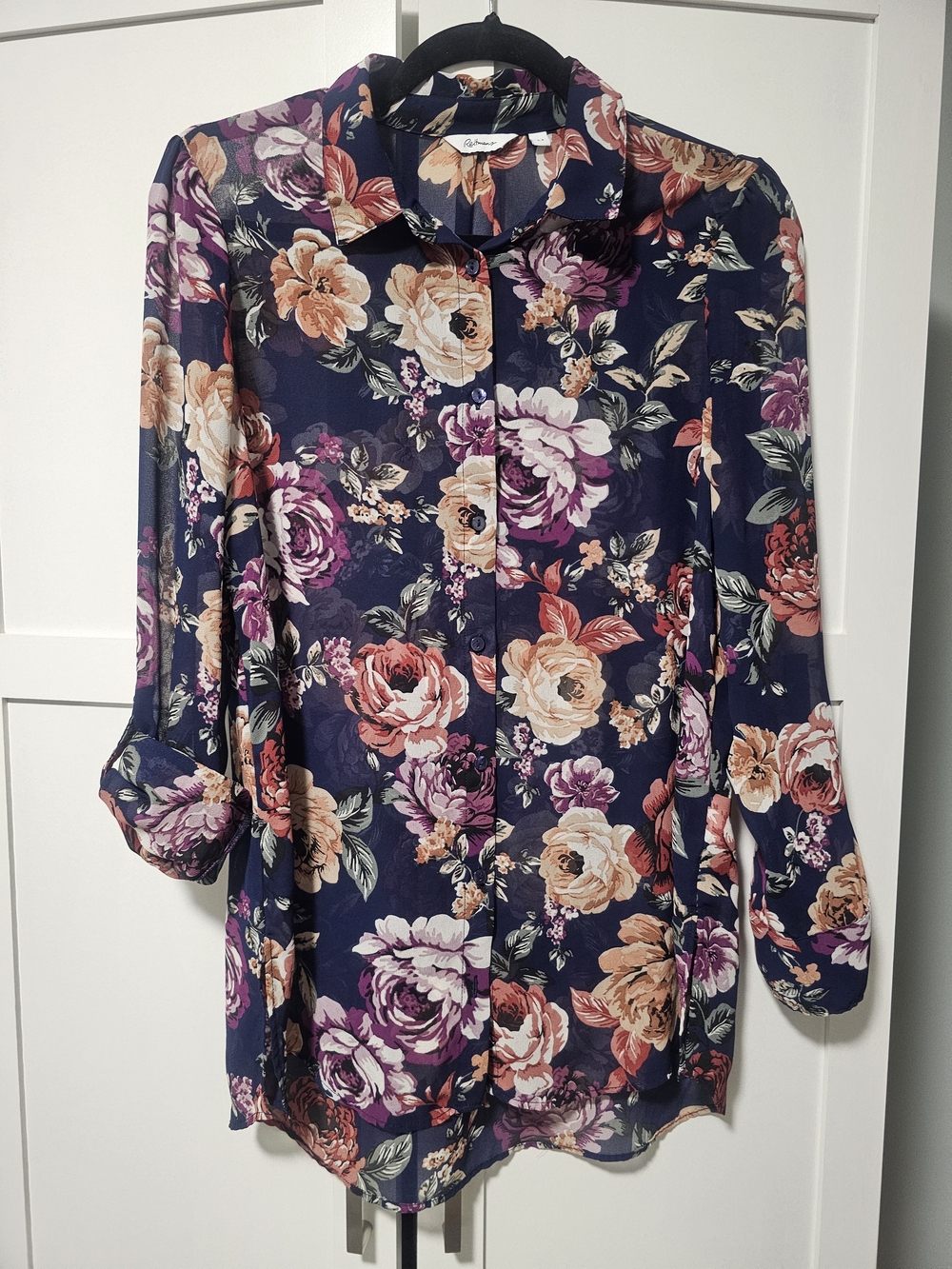 Reitmans Navy Floral Button-Down Shirt with Pink & Peach Blooms